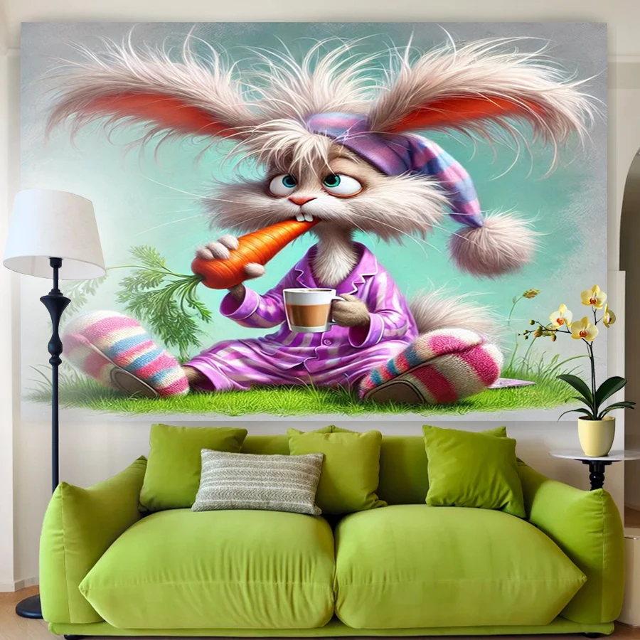 1PC Digital Printed Tapestry Wall Hanging, Cartoon Crazy Bunny Pajamas Carrot Drink Funny Art, for Living Room Bedroom Decor