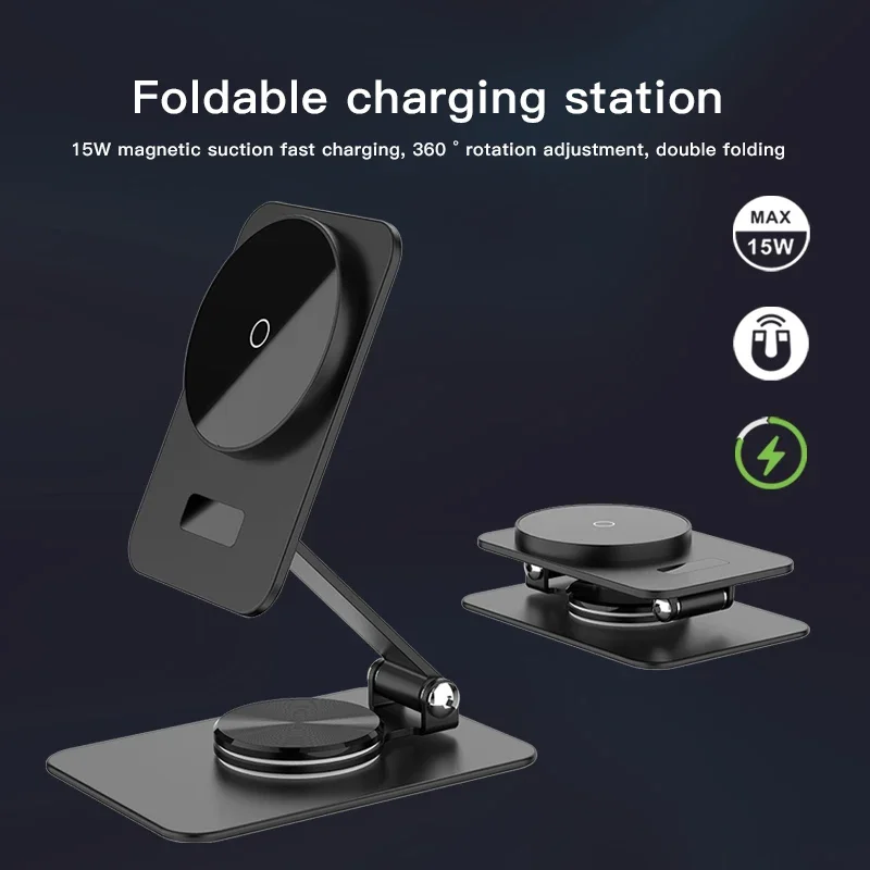 Foldable Wireless Phone Chargers For Iphone 15/14/13/12 15W Fast Charge 360 Degree Rotation QI Magnetic Wireless Charger Stand