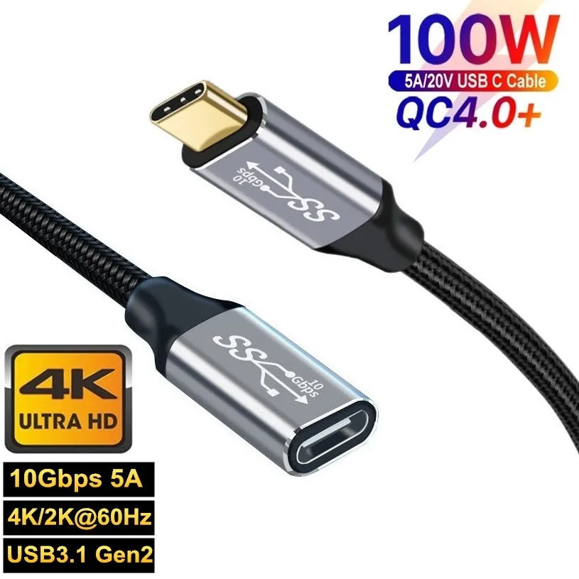 5A Type C Male Female 90 Angle Cable USB C Extension Cable Fast Charging USB Type C 3.1 PD100W Quick Charge With Corner Cables