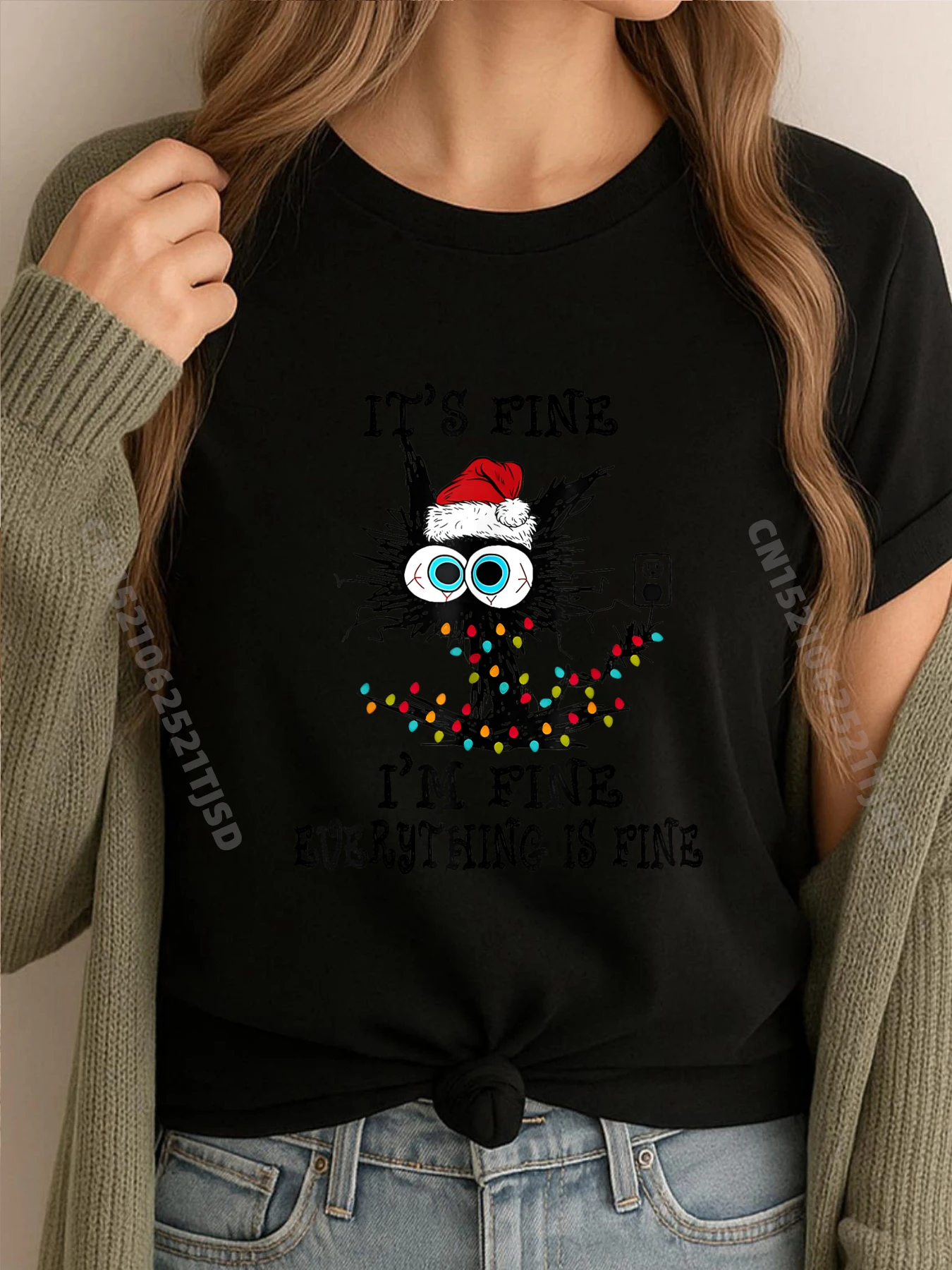 

Рождественская винтажная футболка Black Cat It Fine I M Fine Everything Is Fine, женская мягкая забавная рубашка, футболка с графикой