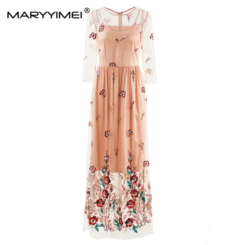 MARYYIMEI New Fashion Autumn Elegant dress Lace Long Sleeved Sequins Beading Embroidery Holiday Slim Dresses