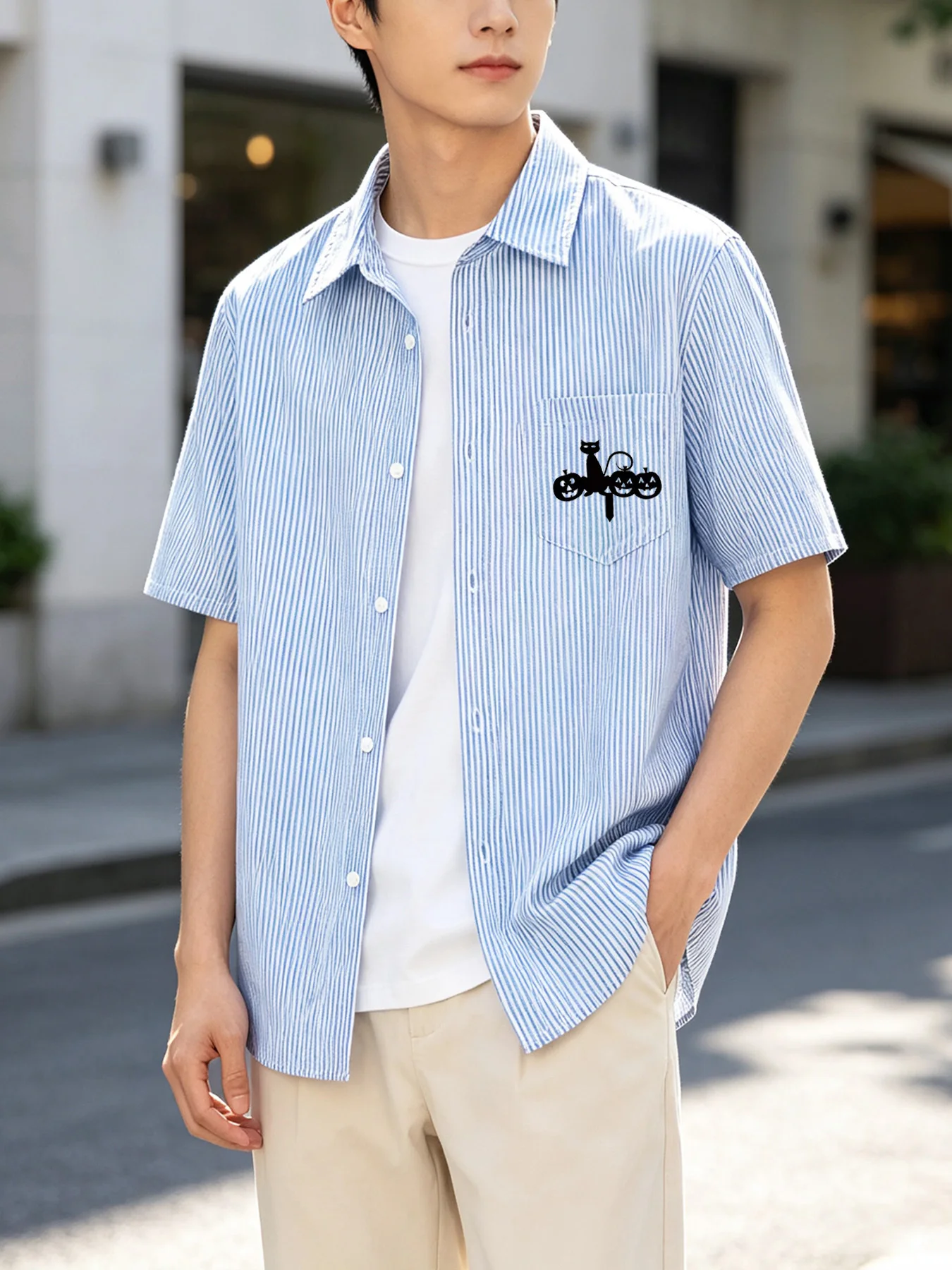 Summer Men's Casual Striped Short Sleeve Shirt Halloween Pumpkin Black Cat Print Short Sleeve Casual Loose Shirt