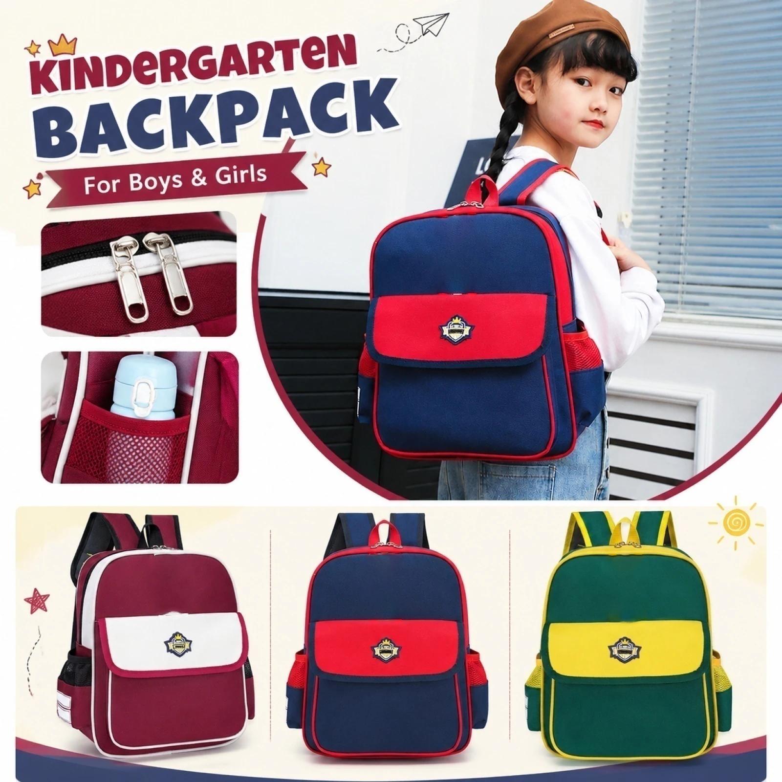 Children's Color Blocking Backpacks Cute Kindergarten Small Schoolbag Lightweight Daypack with Adjustable Straps