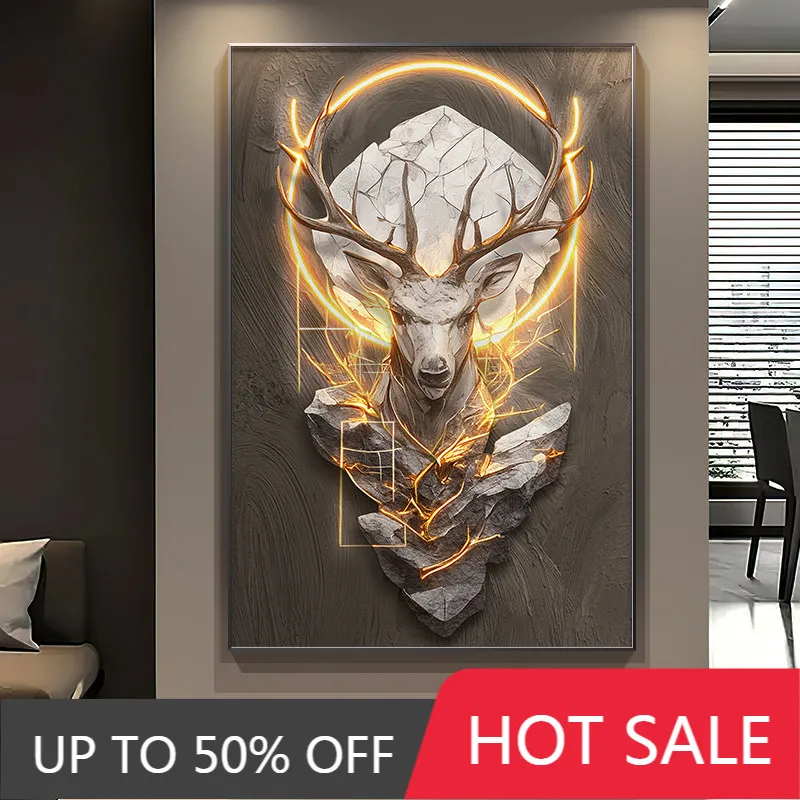 Modern Art Entrance Elk Decorative Painting Corridor Wall Decoration Mural Aluminum Alloy Frame Crystal Porcelain Art Painting