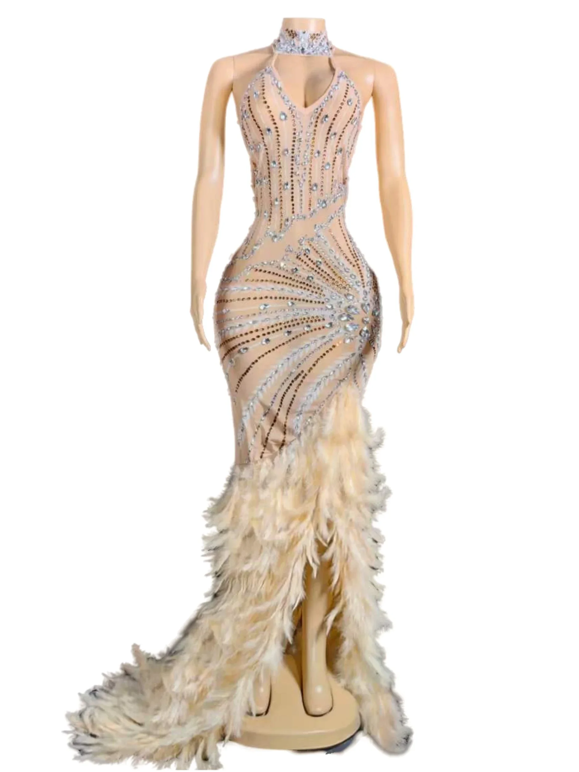 Vestido Sexy sin espalda con plumas y diamantes de imitación para mujer, vestido de Reina de cumpleaños, fiesta nocturna, graduación, cristales, vestido 2025