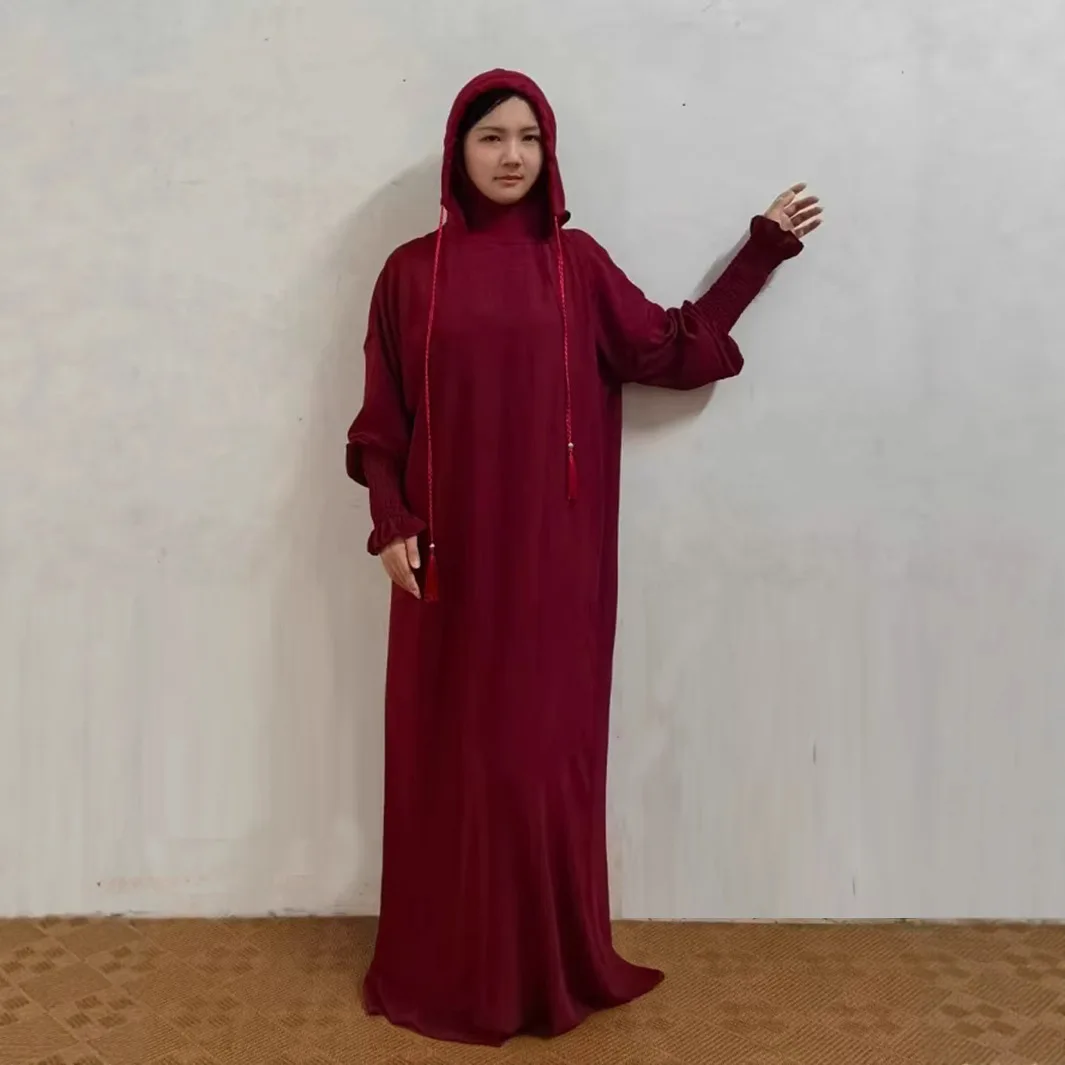 

Новый дизайн, однотонная креповая ткань, эластичная манжета, двойные толстовки, свободный размер, Дубай, Малайзия, Ид, молитвенное платье для мусульманских женщин