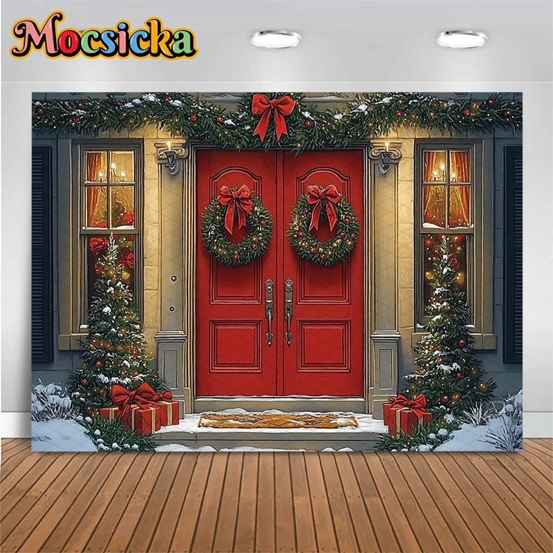 Mocsicka Rode Deur Kerst Achtergrond Fotografie Sneeuw Geschenken Boom Party Achtergronden Thuis Boog Groene Krans Decors Banner Photocall