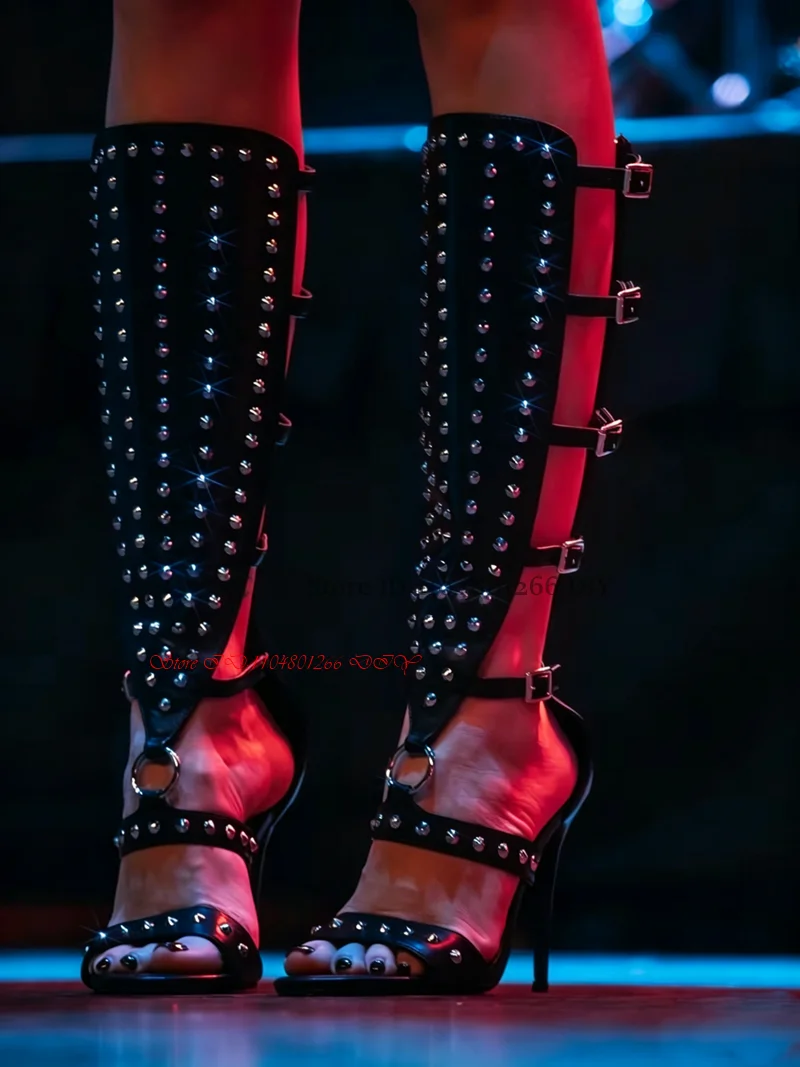 Pink Leather Gladiator High Heel Sandals Summer Boots Stud Decor Open Toe Stiletto High Heel Sexy Party Shoes Zipper Stilettos view 5