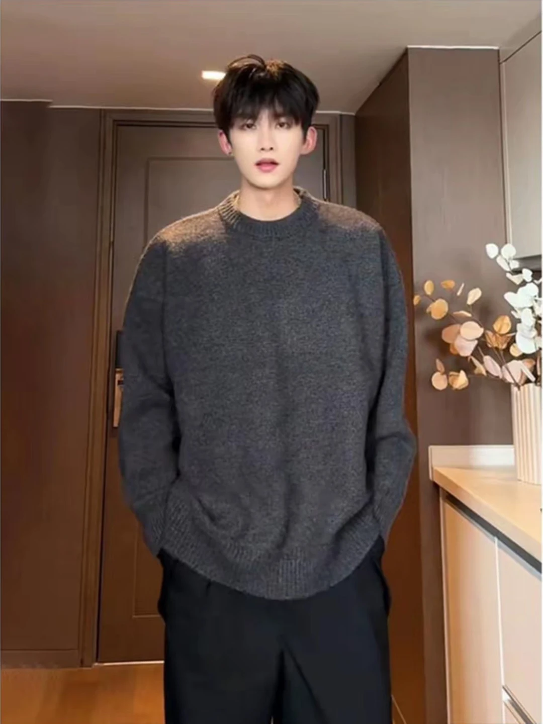 

Мужской вязаный свитер Deep ey с круглым вырезом, ретро-стиль, для ношения под одеждой, теплый зимний базовый слой, мягкий полиэстер, повседневная одежда