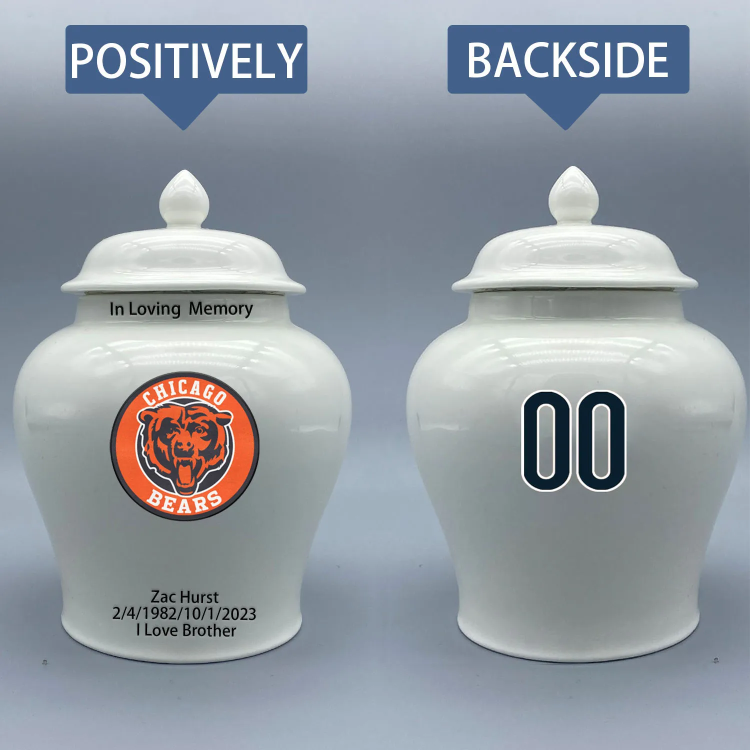 Medium Urn for Chicago Bears-themed Logo Urn.Please send me the customize information-name/date and number on the urn