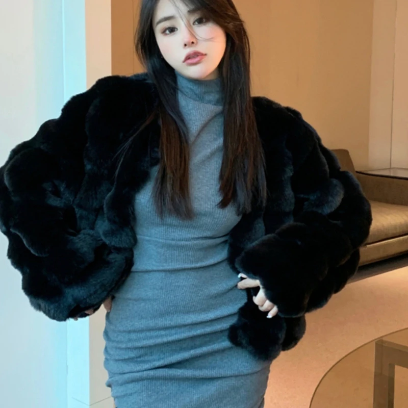 ขนสัตว์ฤดูหนาวเป็นมิตรกับสิ่งแวดล้อมขนกระต่ายสั้นเกาหลีรุ่นขนแกะเสื้อผ้าผู้หญิงหนาอบอุ่น TOP