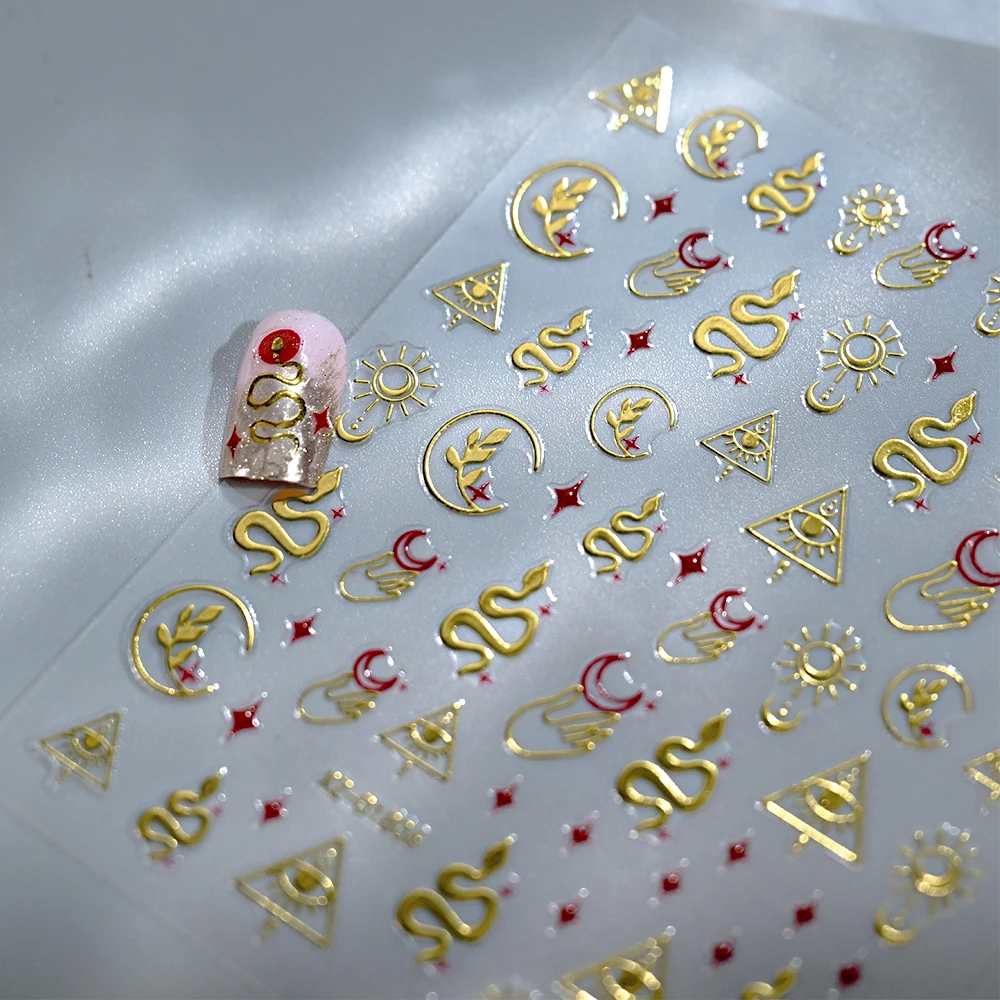 6Pcs Red Heart Rhinestone Gems Nail Stickers 3D Bronzing Gold Sun Moon Starlight Metallic Slider Decals Adhesive Jewels Stickers