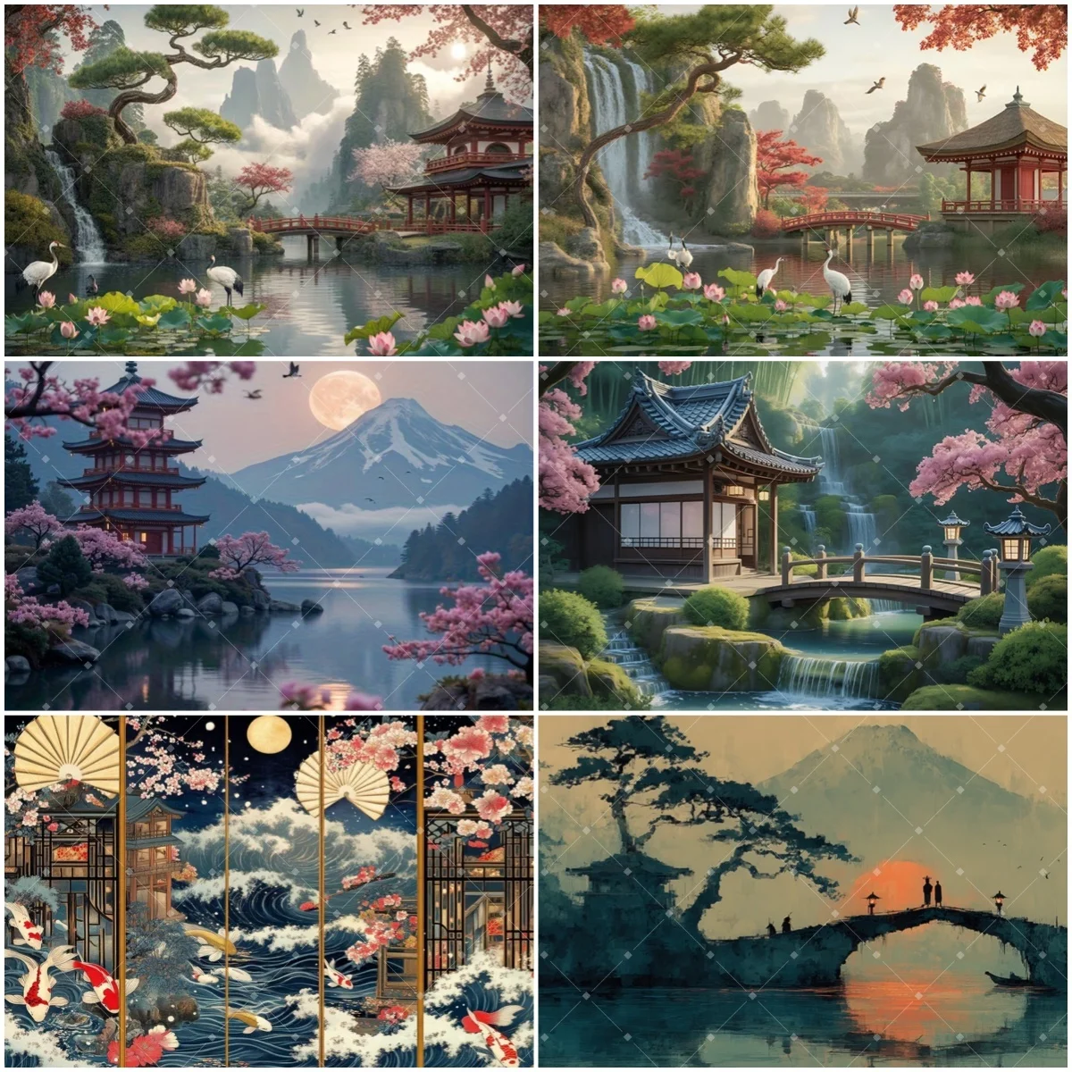 

Cherry Blossom Japanese Architecture Background Sunshine Pink Flower Garden Landscape Backdrop Night Mount Rivers Photo Studio