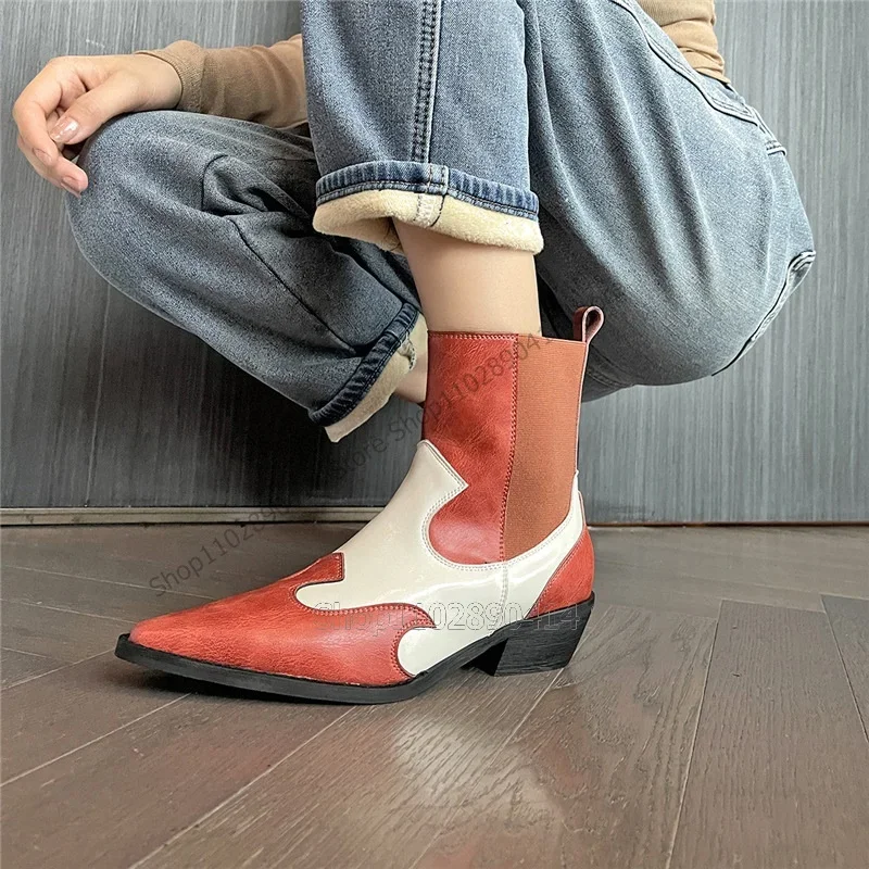 Orange White Totem Design Pointed Toe Boots Mid Calf Slip On Women Shoes Chunky Heels Fashion Banquet 2023 Zapatos Para Mujere