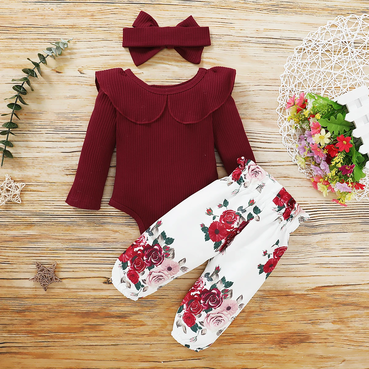 0-18M Newborn Baby Girls Clothes 3Pcs Set Ruffle Romper Long Sleeves Bow Pants Headband Infant Spring Autumn Toddler Outfit