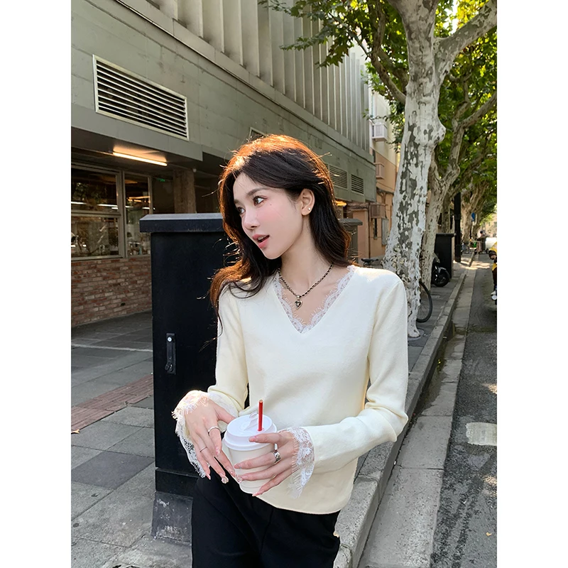 

Chen Dayu Lace Splice V-Ne Long Sve вязаный свитер женский осенне-зимний Sle Ele Slim Fit внутренняя одежда базовый свитер