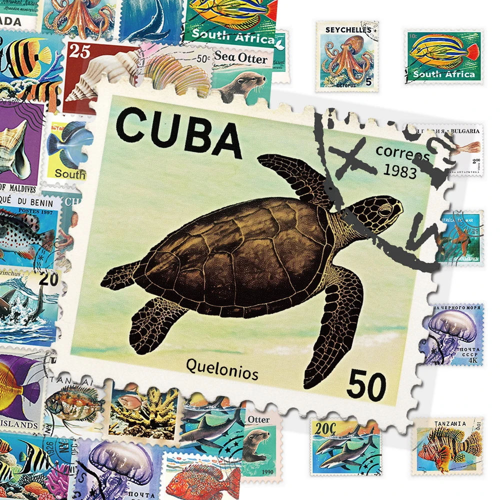 10/30/50pcs Creative Retro Marine Animal Stamps Stickers Transparent PET Decals DIY Notebook Phone Guitar Cartoon Vintage Decals