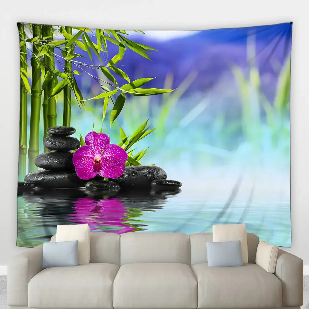 Zen Tapestry Indian Bohemia Natural Scenery Stone Orchid Flowers Green Bamboo Plant Wall Hanging Beach Towel Yoga Mat Home Decor