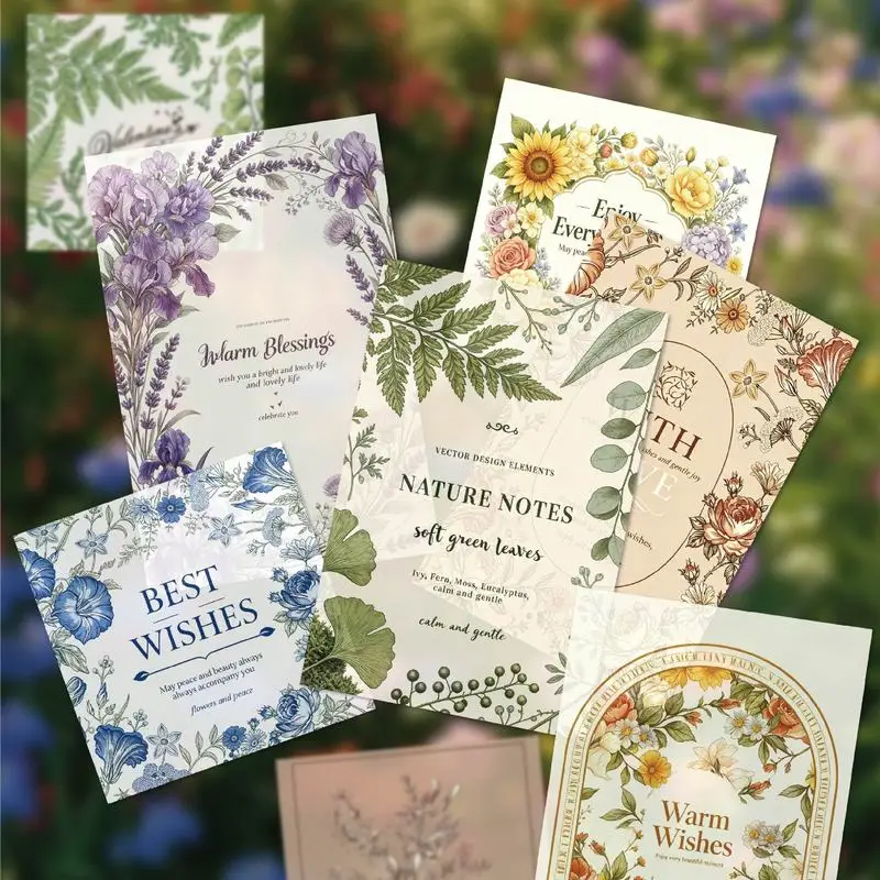 1pack/16pcs Vintage Floral Plant Illustration Material Paper, Retro Botanical Pattern Background Paper Album Planner Handmade