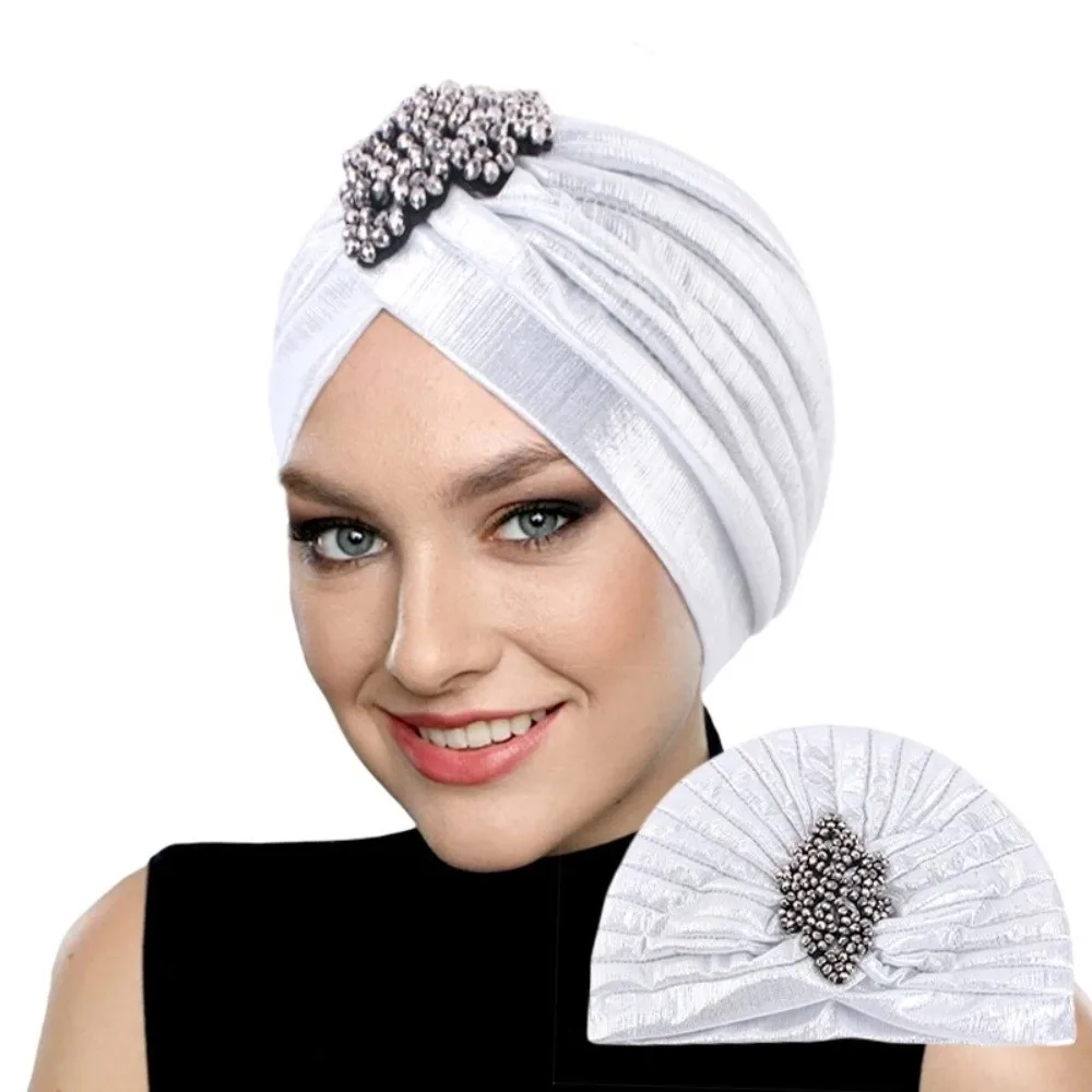 Top Knot Arabischer Nationalhut Perlenverziertes Einfarbiges Ethnisches Kopftuch Elastischer Stretch-Turban Retro Plissiertes Kopftuch – Detail 6
