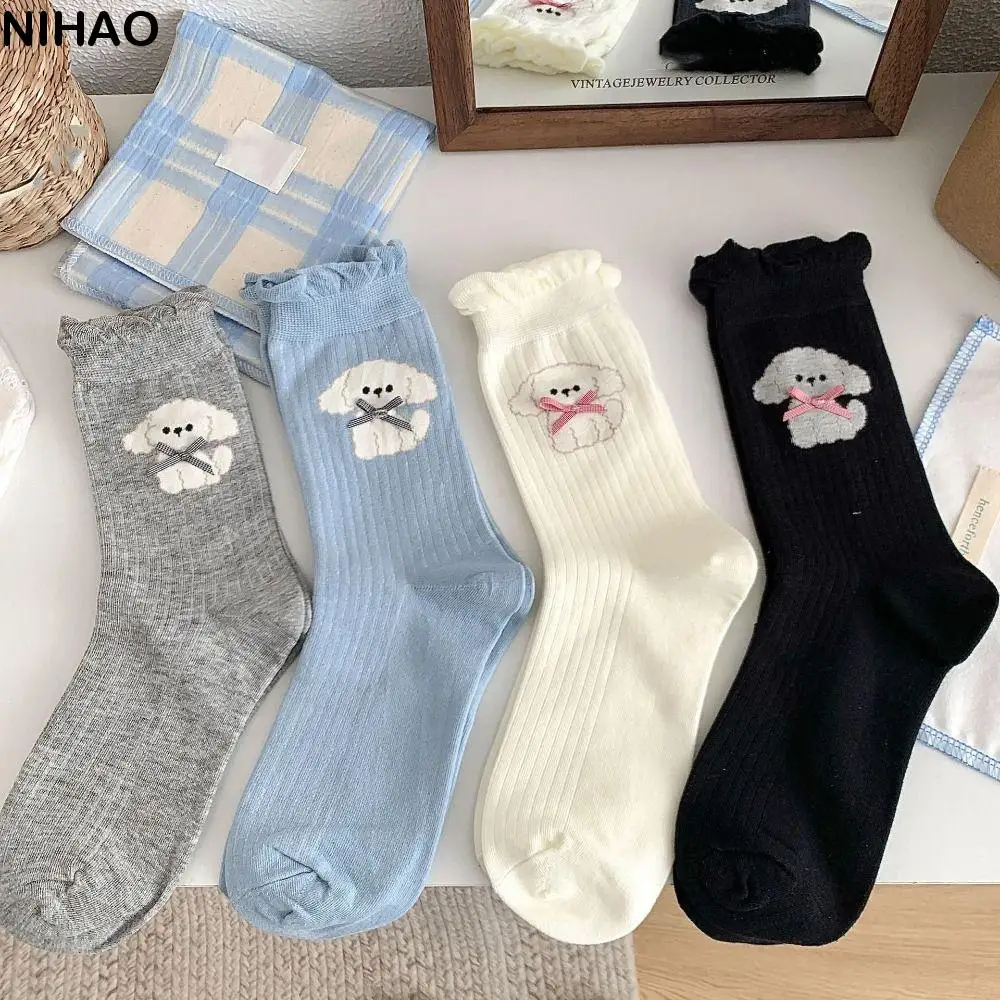 

4Pairs Cartoon Dog Bowknot Ruffle Socks Kawaii Hosiery Sweet Tube Socks Anti-slip Ballet Style Mid-calf Socks Women Streetwear