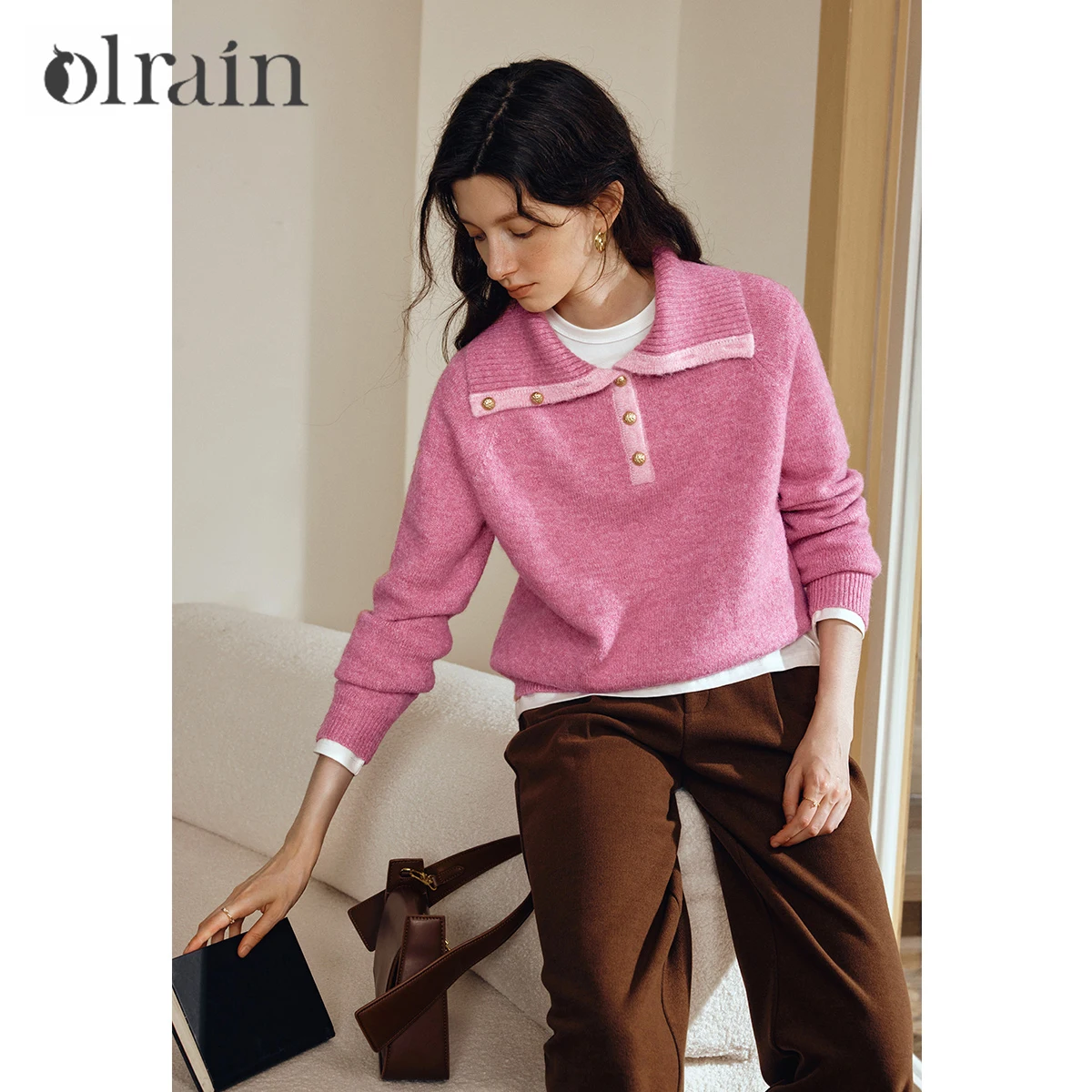 

OLrain Women's Casual Sweaters Autumn 2025 Turn-down Collar Solid Pullovers Fashion Warm Loose Long Sleeve Knitwear O57DZ001868