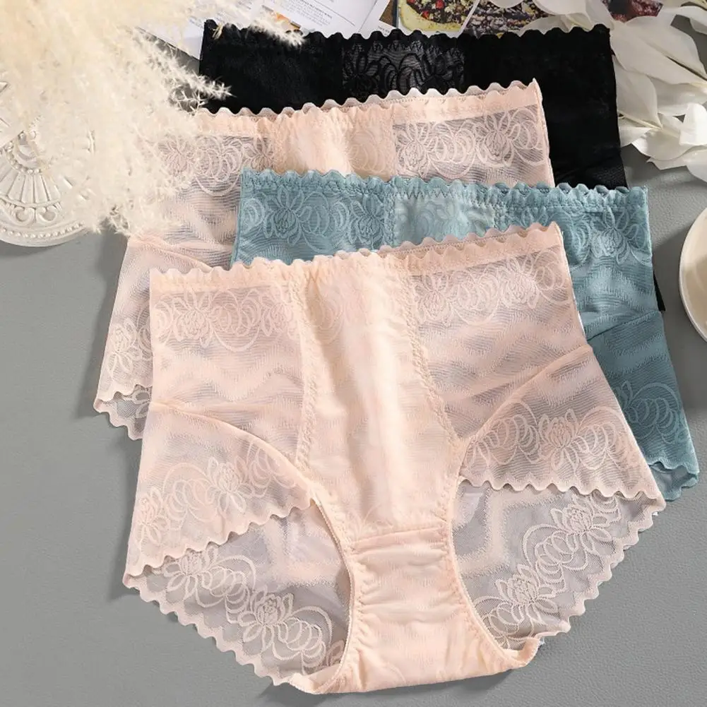 Bragas de encaje Floral bordadas para mujer, bragas ultrafinas transparentes de cintura alta, levantamiento de cadera, Color sólido, sin costuras