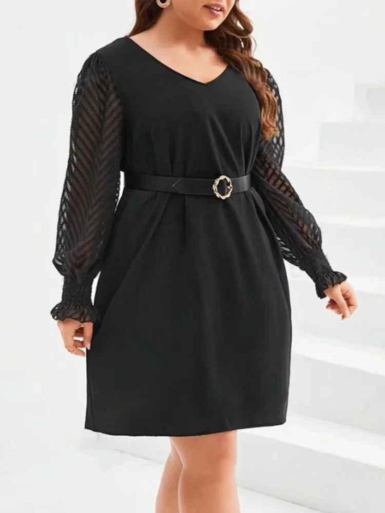 GIBSIE Plus Size V-neck Contrast Lace Backless Loose Dress Women Spring Fall Black Long Sleeve Elegant Mini Dresses Without Belt