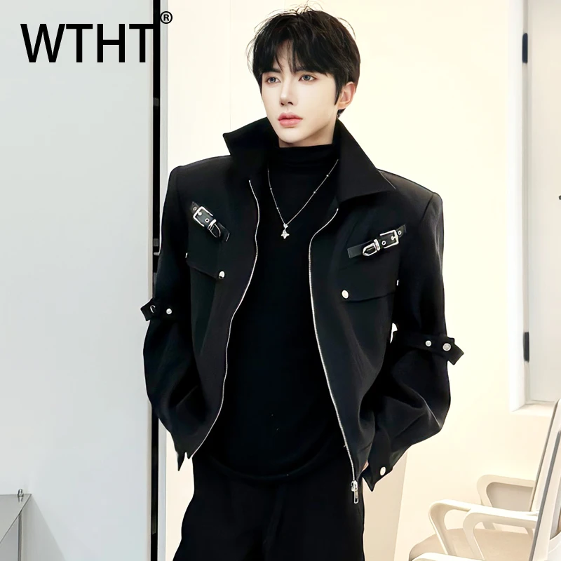 

WTHT модные мужские однотонные пальто с металлическим дизайном, модные осенние свободные куртки на молнии 2023, мужские 2A2134