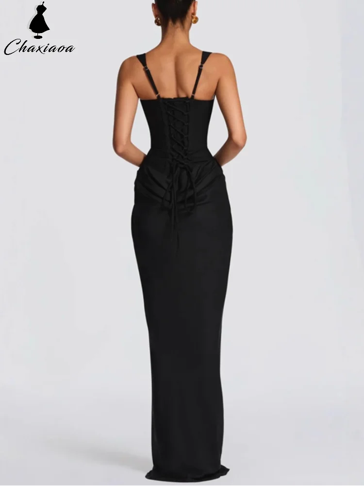 

Женское черное плиссированное макси-платье с квадратным вырезом, элегантное, без рукавов, с открытыми плечами, приталенное, для вечерних мероприятий