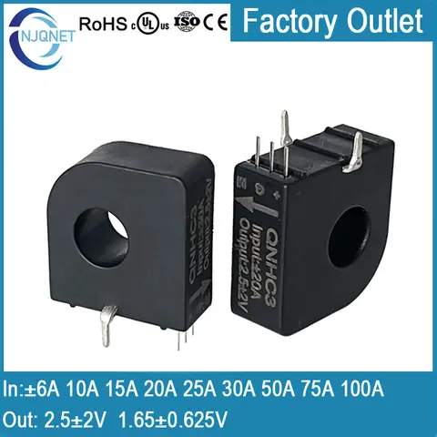 홀 전류 센서 QNHC3 출력 2.5 ± 2V 1.65 ± 0.625V 입력 6A 10A 15A 20A 25A 30A 50A 100A ct dc 홀 효과 전류 변환기