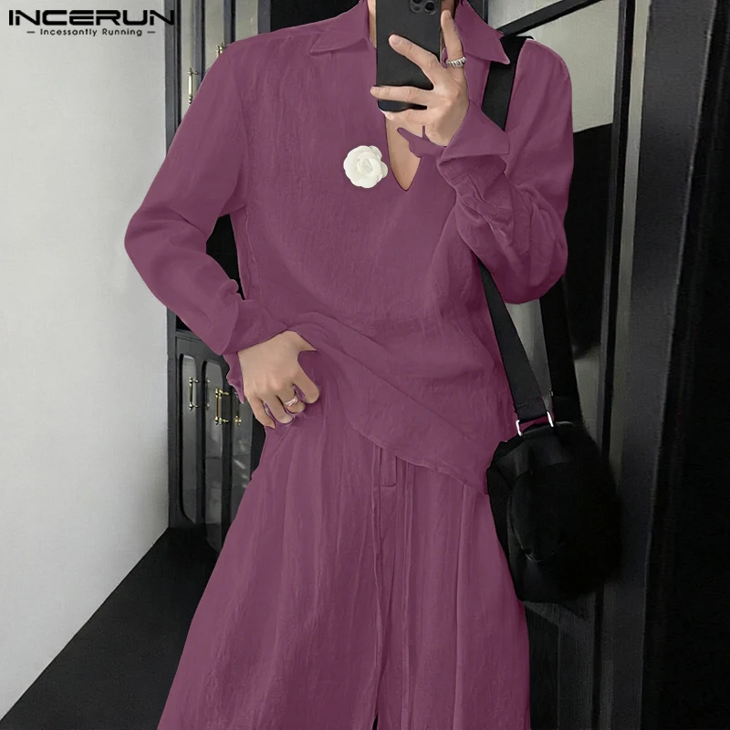 INCERUN Men Sets Flower Patchwork Lapel Long Sleeve Shirt & Pants Two Pieces Sets Streetwear Loose Fashion Men's Casual Suits