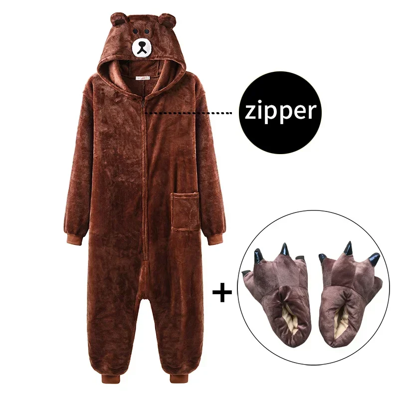 Bear onesie women men kigumis animal pajama cartoon slippers festival homewear winter warm suit zipper button overalls