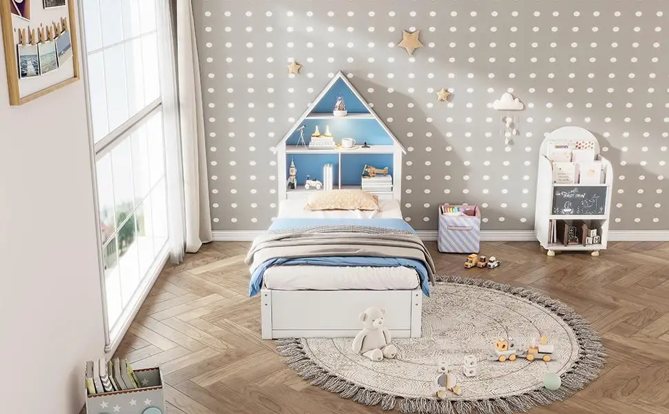 Blue & White Twin House Bed with Bookcase Headboard, Light & Trundle for kids - Perfect for Boys & Girls