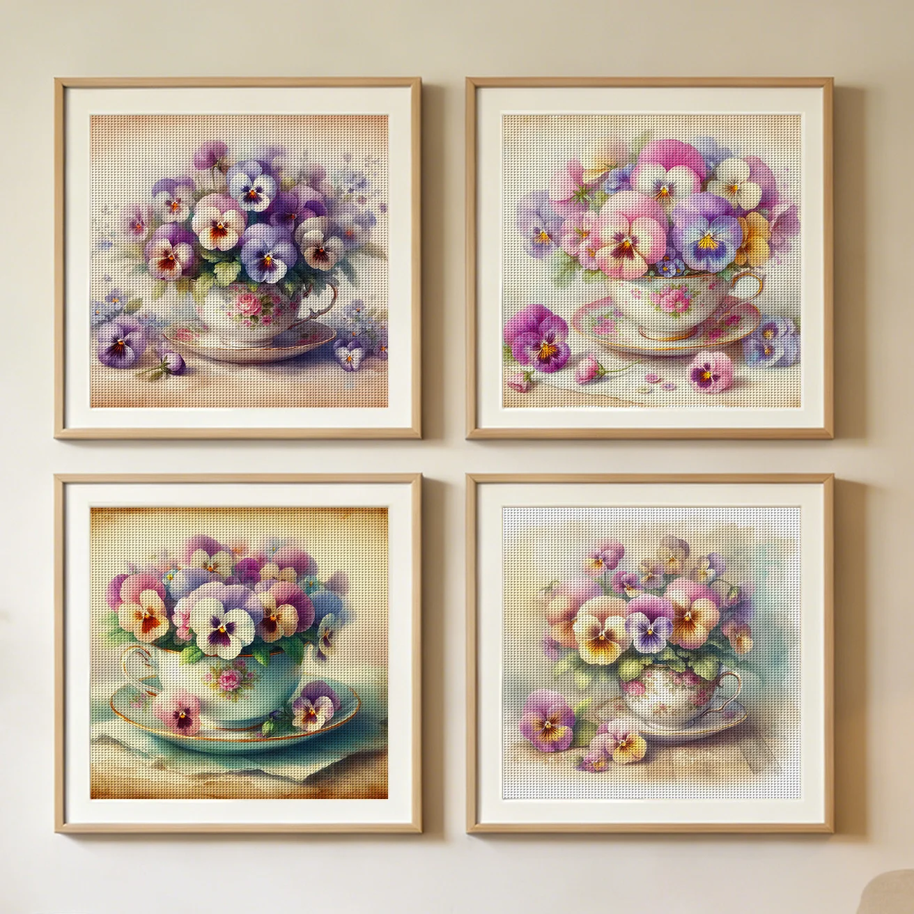 Pansy Teacup Kreuzstich-Set zum Selbermachen, 11CT-Stickerei, Heimwanddekoration, Geschenk, handgefertigtes Material, rahmenlos, halbfertig, 36 x 36 cm