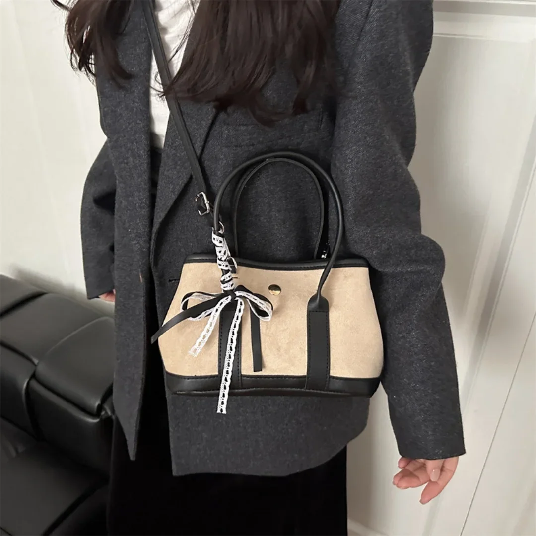 2026 Vintage Patchwork Handbag Lace Bow Decor Leopard Tote Bag Strap Crossbody Bag Magnetic Snap Casual Daily Commute Purse
