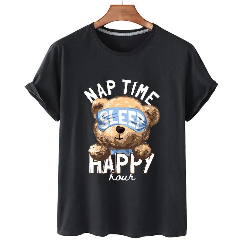 100% Cotton Sleeping Bear Print Shirt Short Sleeve O Neck Loose T-shirt Women's Summer Plus Size T-shirt Men's And Women's S-4XL