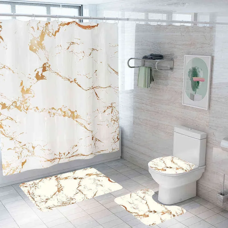4 Pcs Black Marble Shower Curtain Set Waterproof Fabric Bath Curtain Stone Non-Slip Bath Mat Toilet Lid Cover Bathroom Decor