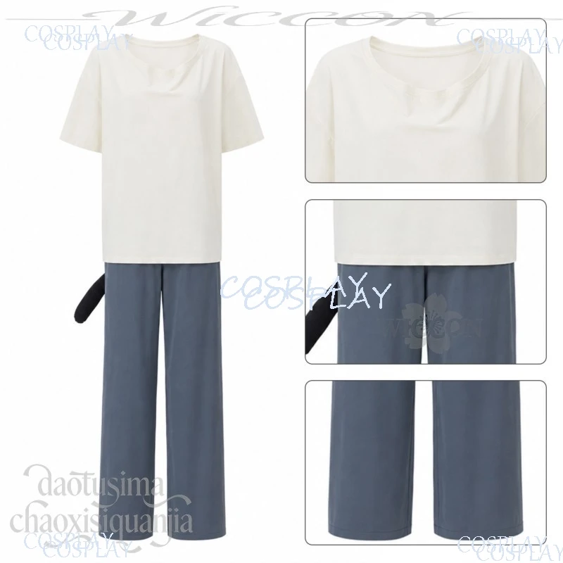 Tshirt Pants Furry Cat Earwear Headband Tail Mint Wigs Full Set Anime Chainsmoker Cat Cosplay Yanineko Costume Halloween Party - view 2