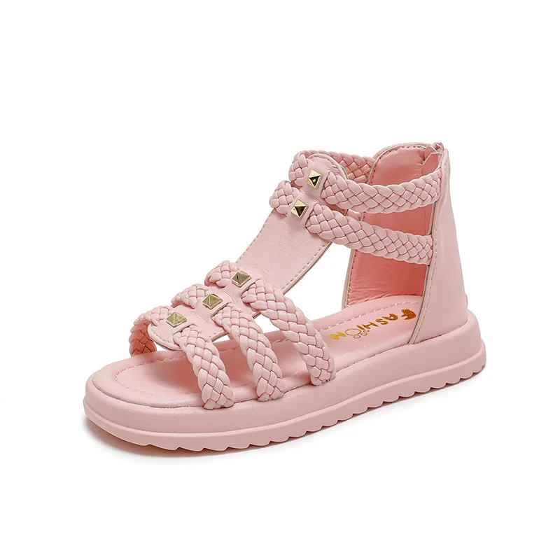 Girls Roman Sandals Open Toe Braided Solid Color High-top Simple Rivets New Summer Hollow Flat Casual Shoes Kids Fashion Casual