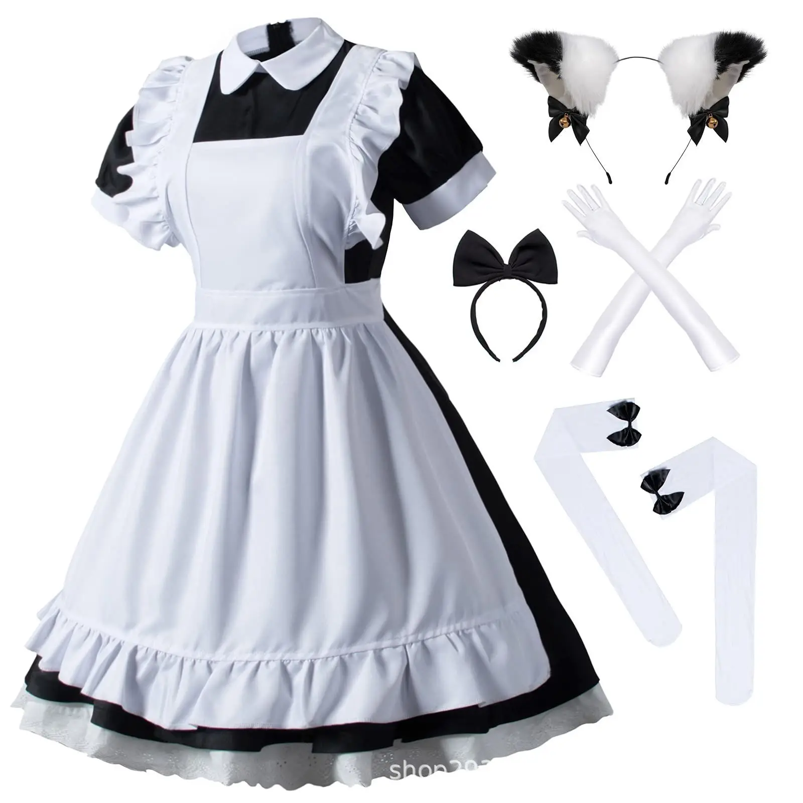 

Pink Black Cute Lolita Maid Costumes with Socks Gloves Set Woman Amine Cosplay Costume Waitress Maid Party Stage Costumes