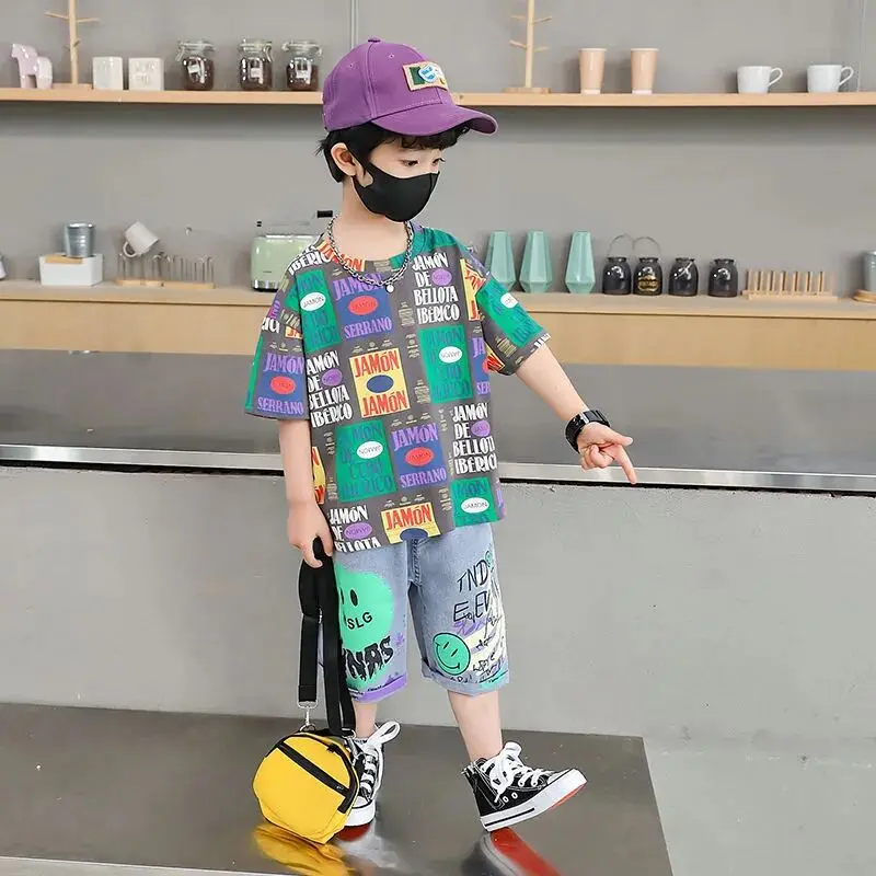 

2 4 6 8 10 12Y Boys Clothing Set 2025 Summer New Children's Clothing Teenage Boys' Sports Cartoon T-shirt Shorts Two Piece Set