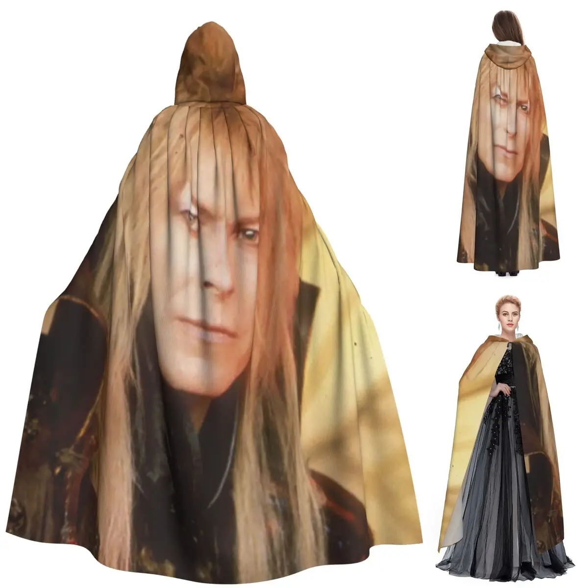 Jareth ملك العفاريت الوقاية في متاهة طويلة مقنعين عباءة الساحرة القرون الوسطى زي تأثيري كيب هالوين مصاص دماء الكبار