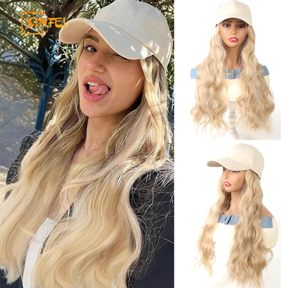 XINFEI Long Wave Synthetic Off White Baseball Cap Hair Wig for Girl Hair Wig Naturally Connect Hat Wigs Adjustable