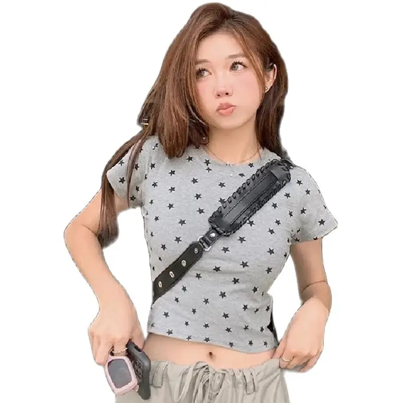 2024 Women Clothes Trend Fashionable Cool Attractive Round Neck Gray T-Shirt Korean Style With Black Stars Pattern Print