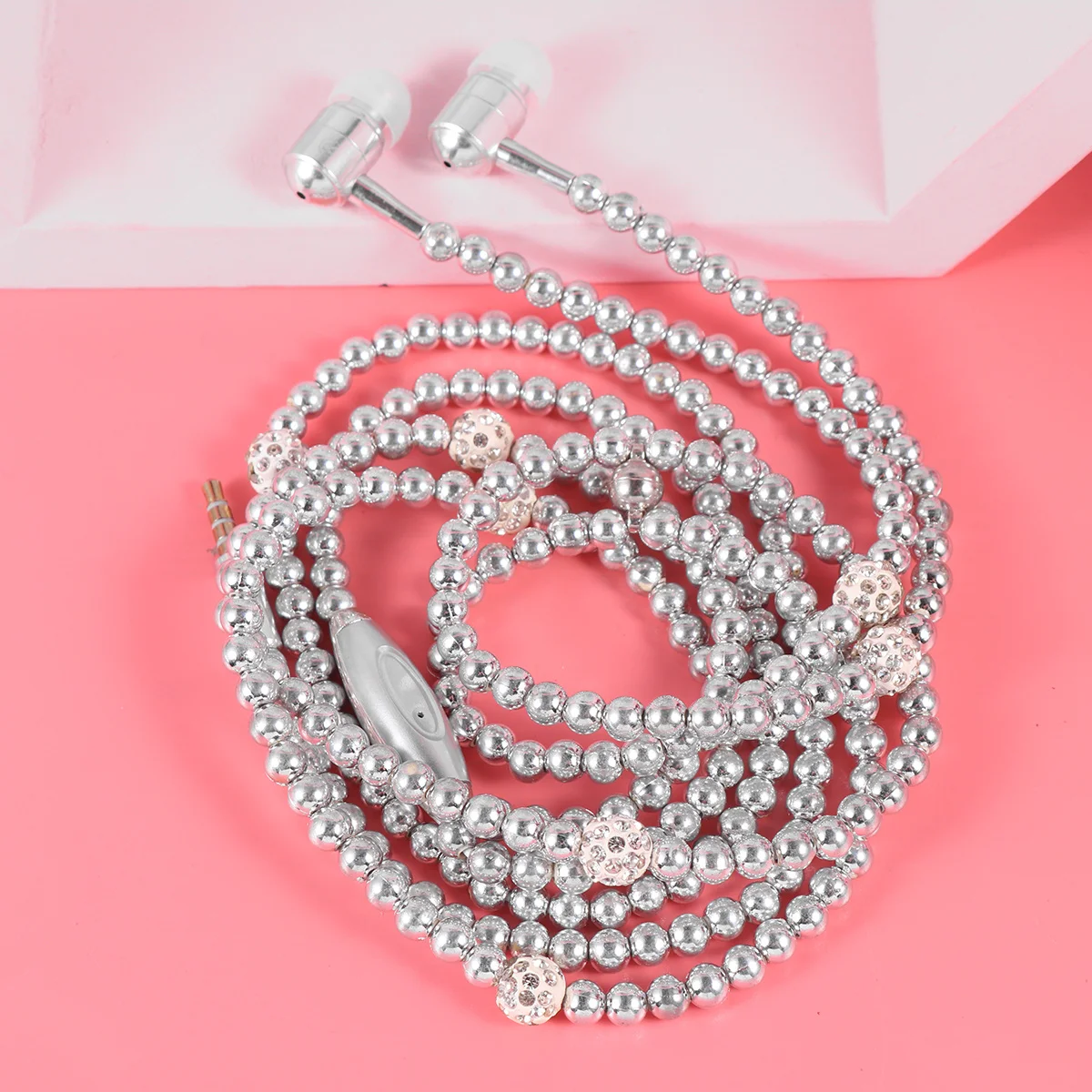 

In-Ear Headphones Pearl Chain Design Silver Noise Cancelling Earbuds For Sports Running Travel Gym Universal Hands-Free