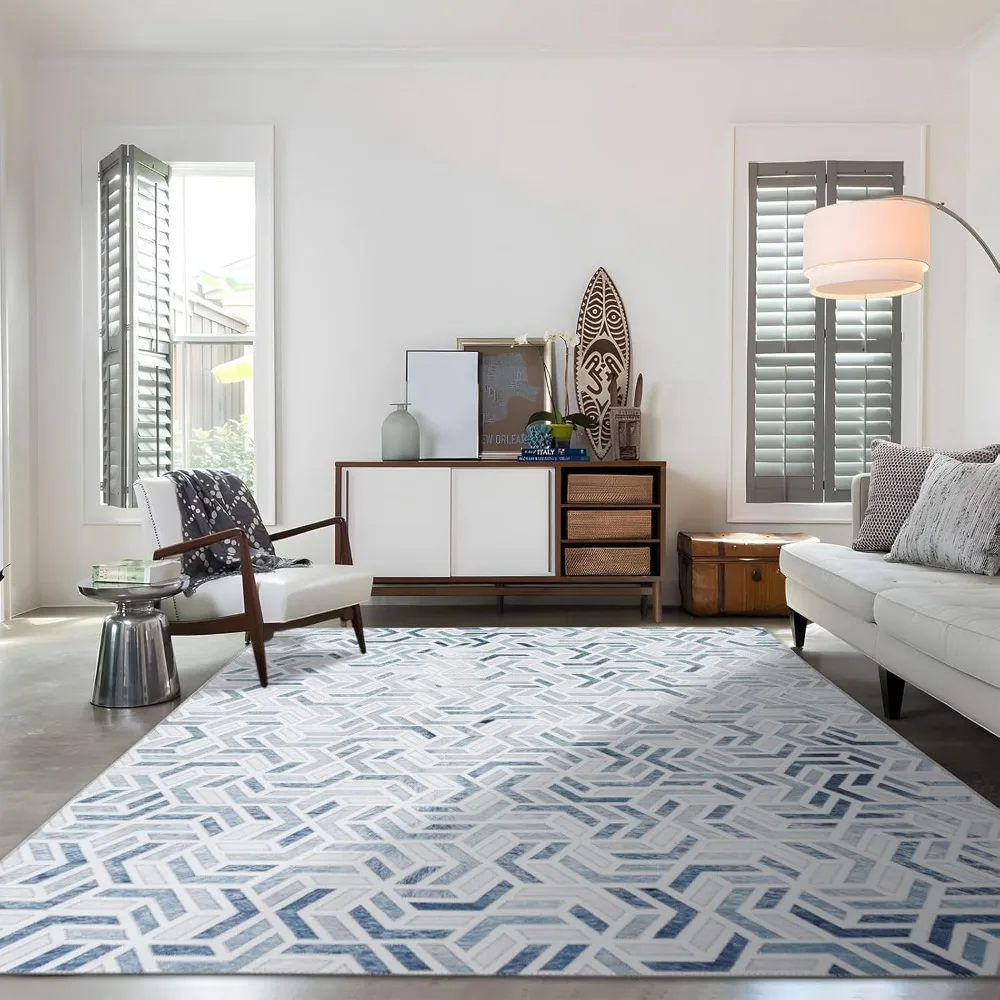 سجادة جلد البقر الصناعي الهندسية الحديثة، 8 × 10 أقدام، سجادة غير قابلة للانزلاق قابلة للغسل في الغسالة لغرفة المعيشة #3