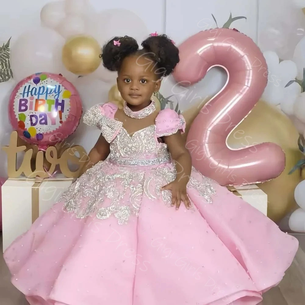 Girls Birthday Dress Glitter Beaded Appliques Ball Gown With Pearls Sheer Neck Cap Sleeves Flower GIrl Dress Custom Party Frock