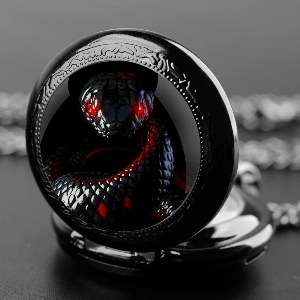 

Delicate Gifts Quartz Pocket Watch Dark Snake Design Glass Dome Necklace Pendant Clock for Mens Womens