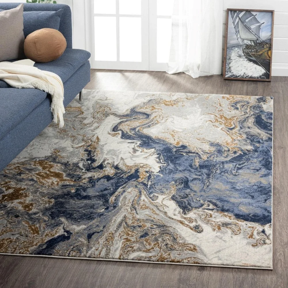 Marble Swirl Abstract Area Rug, Blue 8x10